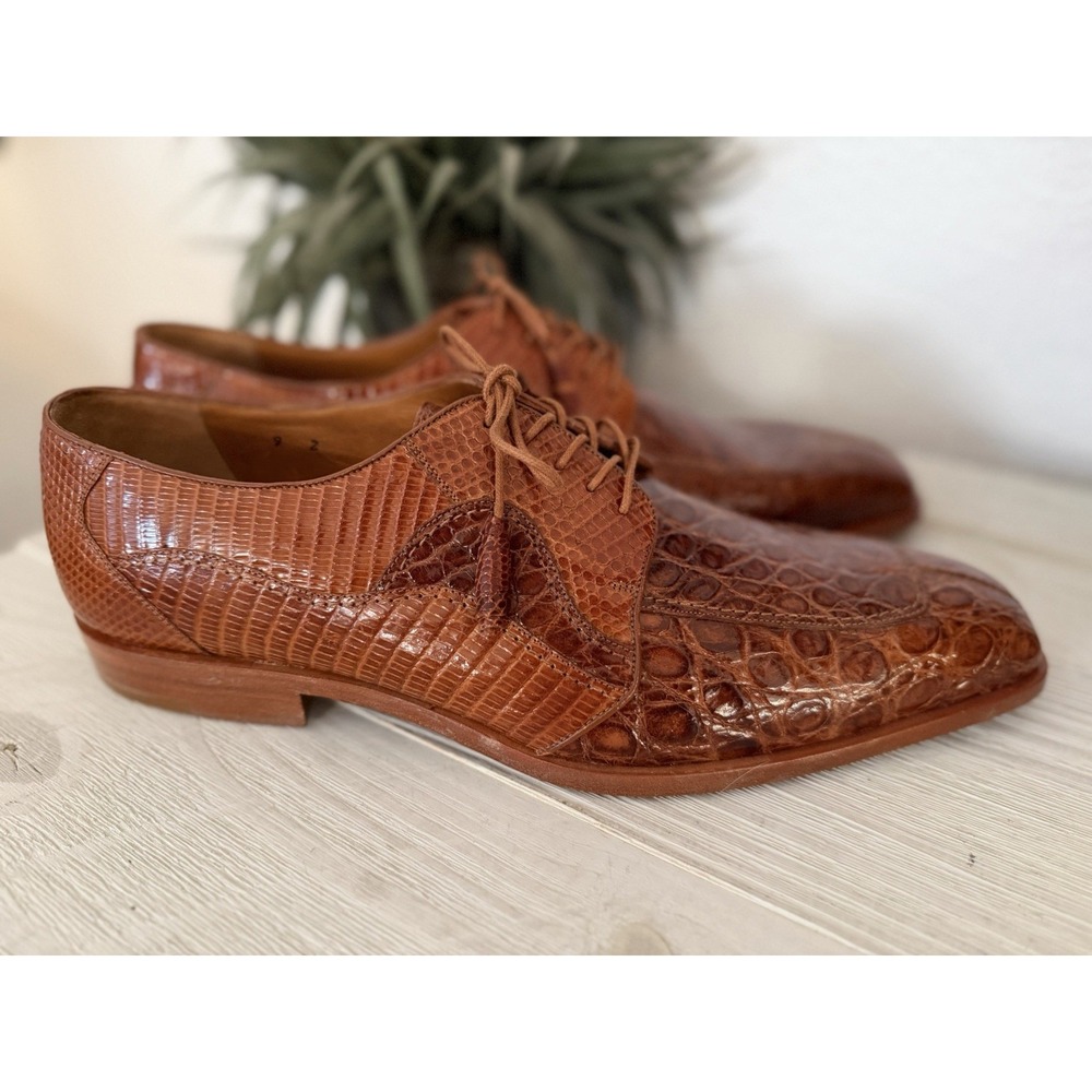 Romano Genuine Crocodile Lizard Skin Dress Shoes Sz 9 Handmade Cognac Lace Up